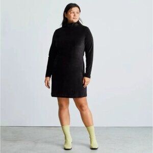 Everlane cozy fitted velour long-sleeve mock neck mini dress in black, medium